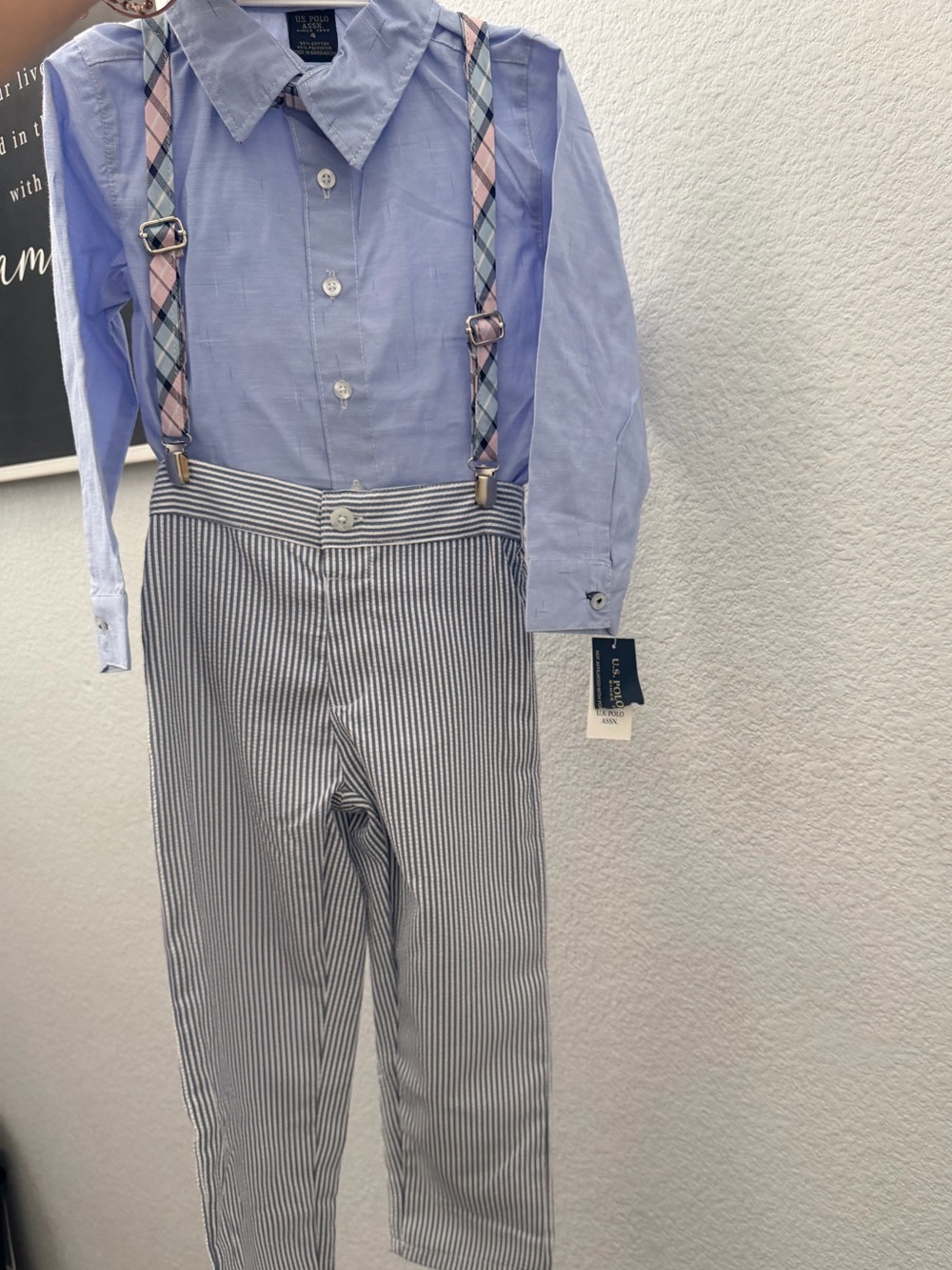 U.S. Polo Assn. Light Blue Shirt with Blue Pinstripe Pants and Plaid Suspenders